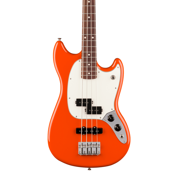 Front of Fender Player II Mustang Bass PJ Rosewood Rallye Orange.