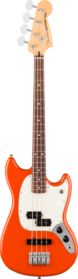 Full frontal of Fender Player II Mustang Bass PJ Rosewood Rallye Orange.