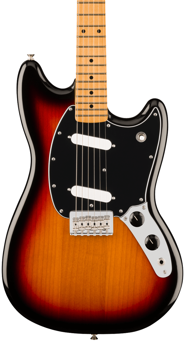 Front of Fender Player II Mustang Maple Fingerboard 3-Color Sunburst.