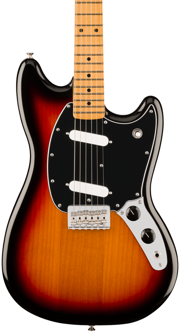 Front of Fender Player II Mustang Maple Fingerboard 3-Color Sunburst.
