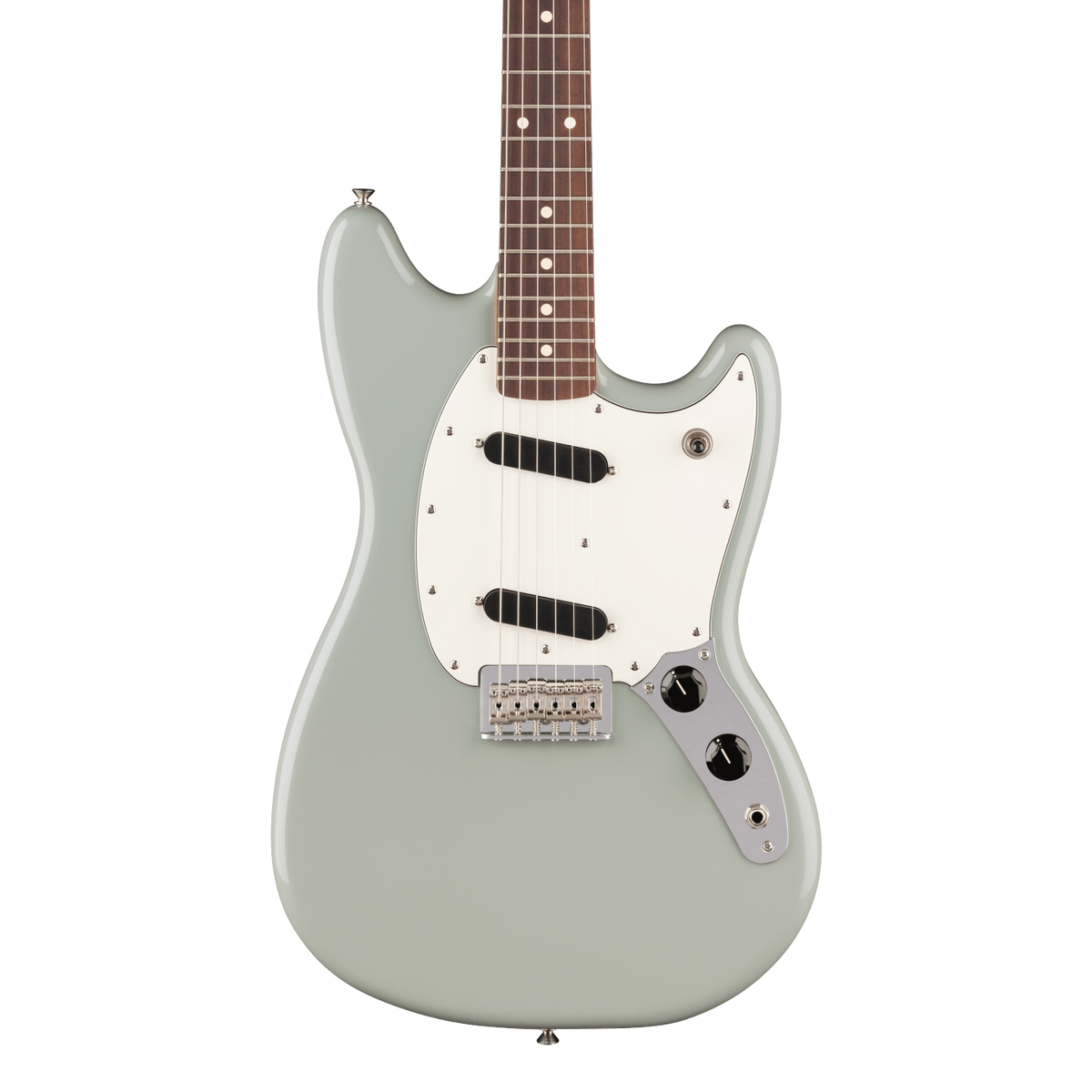 Front of Fender Player II Mustang Rosewood Cactus Gray.