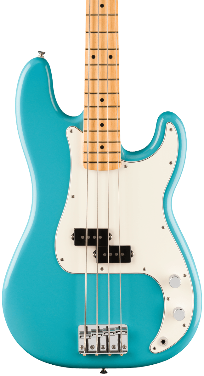 Front of Fender Player II Precision Bass Maple Fingerboard Aquatone Blue.