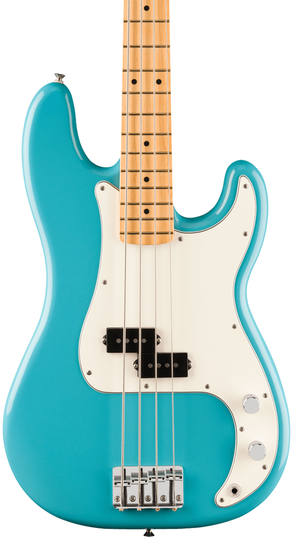 Front of Fender Player II Precision Bass Maple Fingerboard Aquatone Blue.