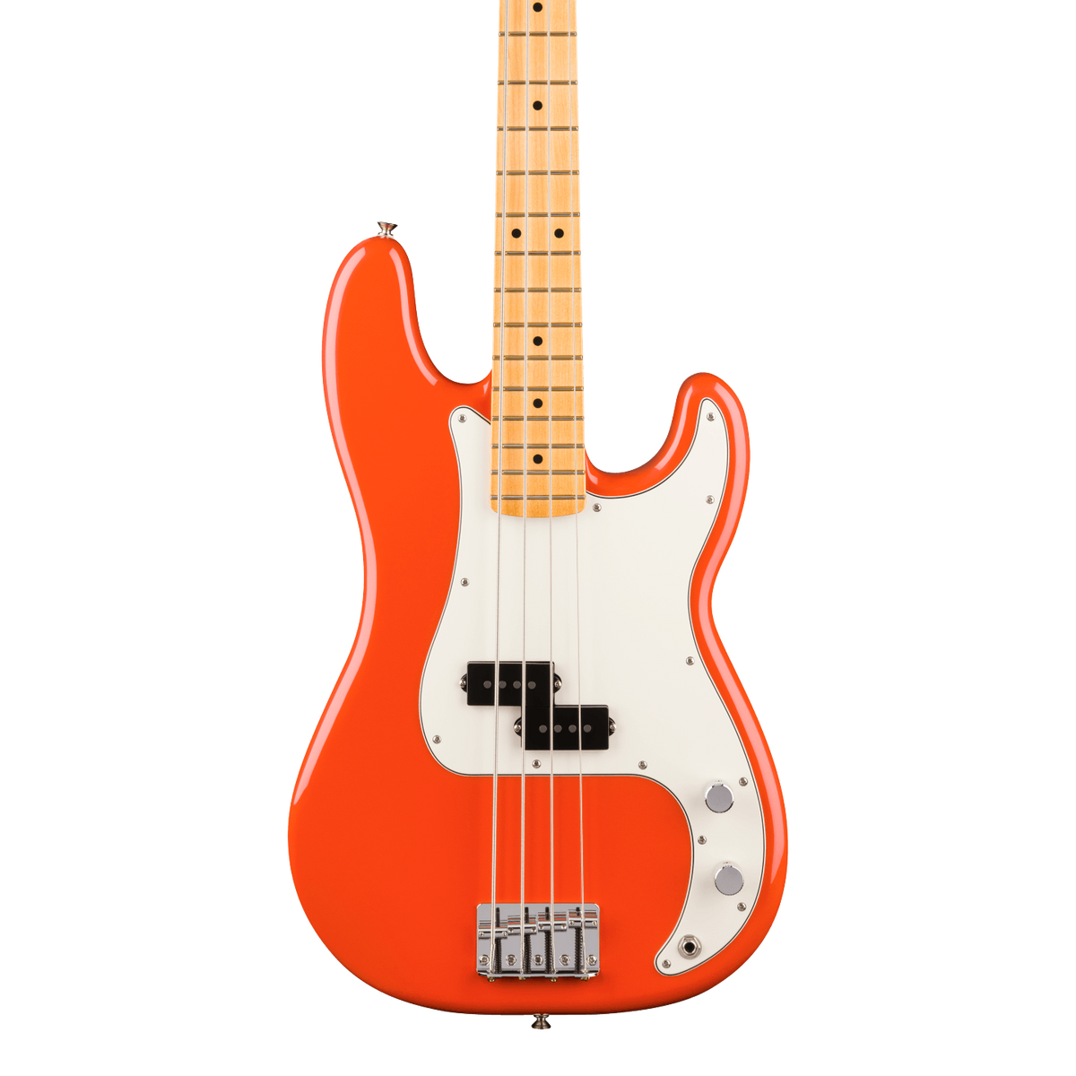 Front of Fender Player II Precision Bass Maple Rallye Orange.