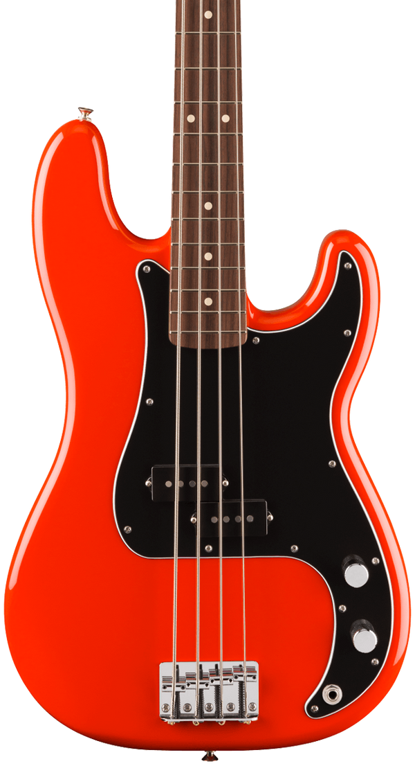 Front of Fender Player II Precision Bass Rosewood Fingerboard Coral Red.