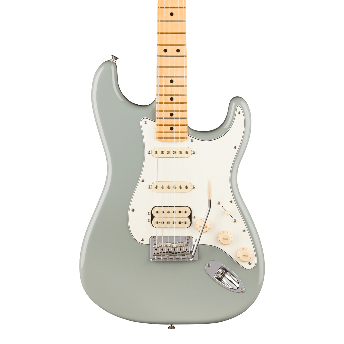 Front of Fender Player II Stratocaster HSS Maple Cactus Gray.