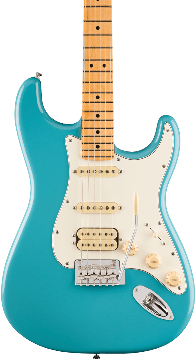 Front of Fender Player II Stratocaster HSS Maple Fingerboard Aquatone Blue.