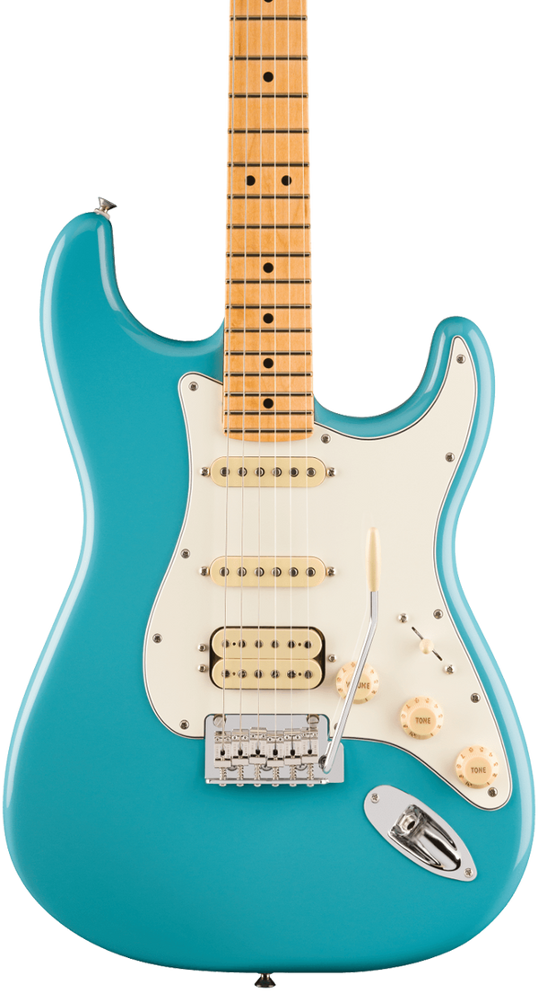 Front of Fender Player II Stratocaster HSS Maple Fingerboard Aquatone Blue.