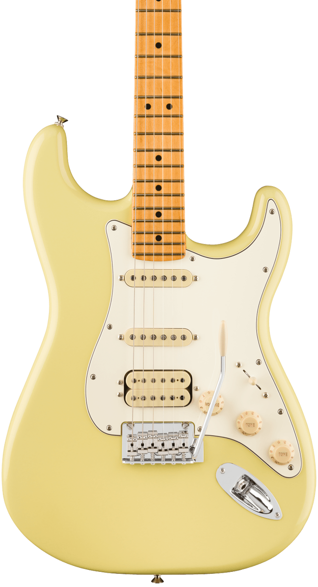 Front of Fender Player II Stratocaster HSS Maple Fingerboard Hialeah Yellow.