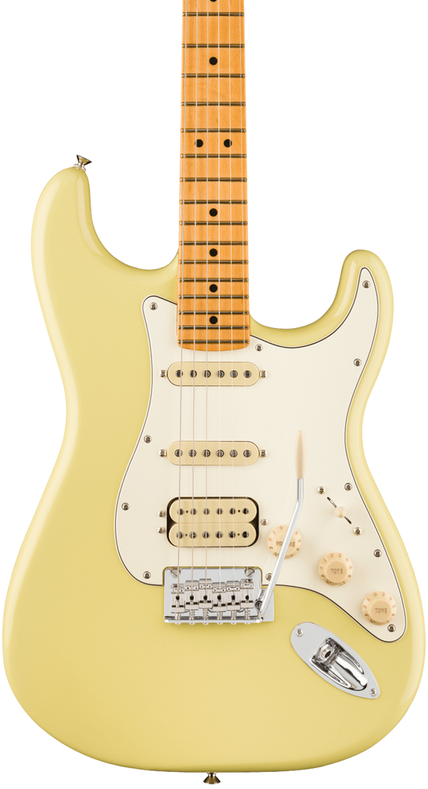Front of Fender Player II Stratocaster HSS Maple Fingerboard Hialeah Yellow.