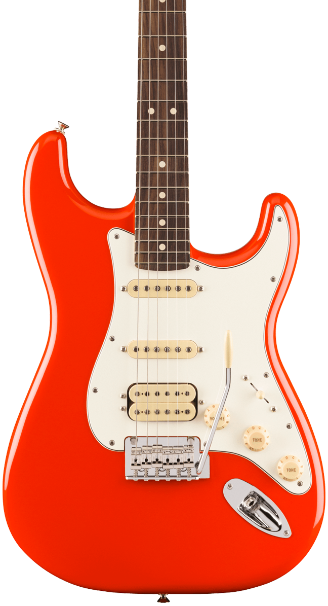 Front of Fender Player II Stratocaster HSS Rosewood Fingerboard Coral Red.