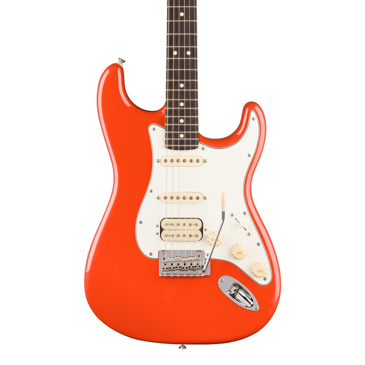 Front of Fender Player II Stratocaster HSS Rosewood Rallye Orange.
