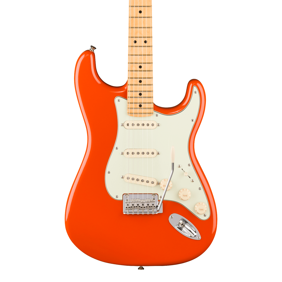 Front of Fender Player II Stratocaster Maple Rallye Orange.