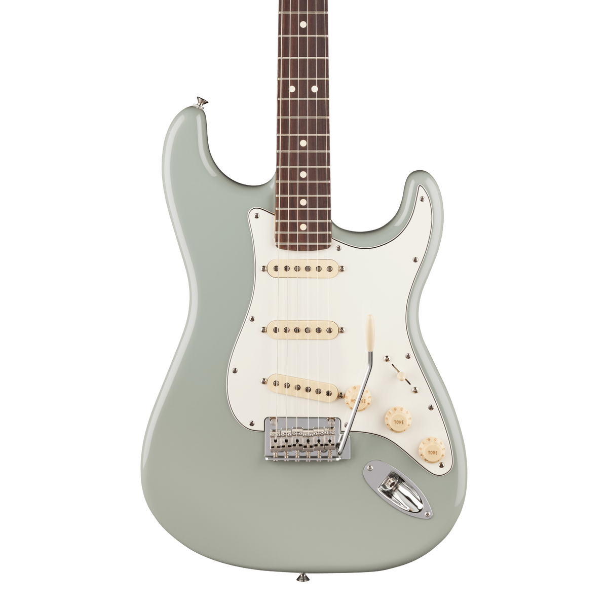 Front of Fender Player II Stratocaster Rosewood Cactus Gray.