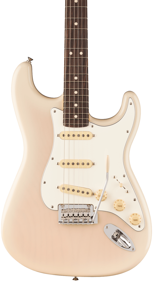 Front of Fender Player II Stratocaster Rosewood Fingerboard White Blonde.