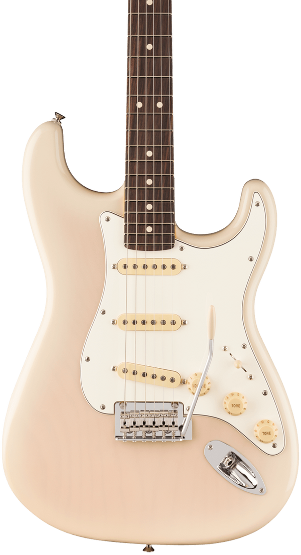 Front of Fender Player II Stratocaster Rosewood Fingerboard White Blonde.