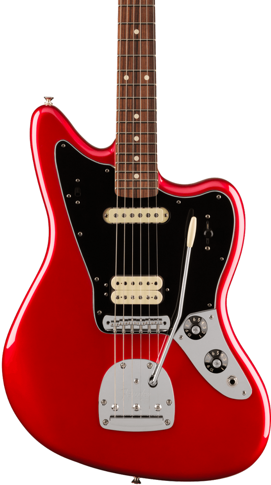 Front of Fender Player Jaguar Pau Ferro Fingerboard Candy Apple Red.