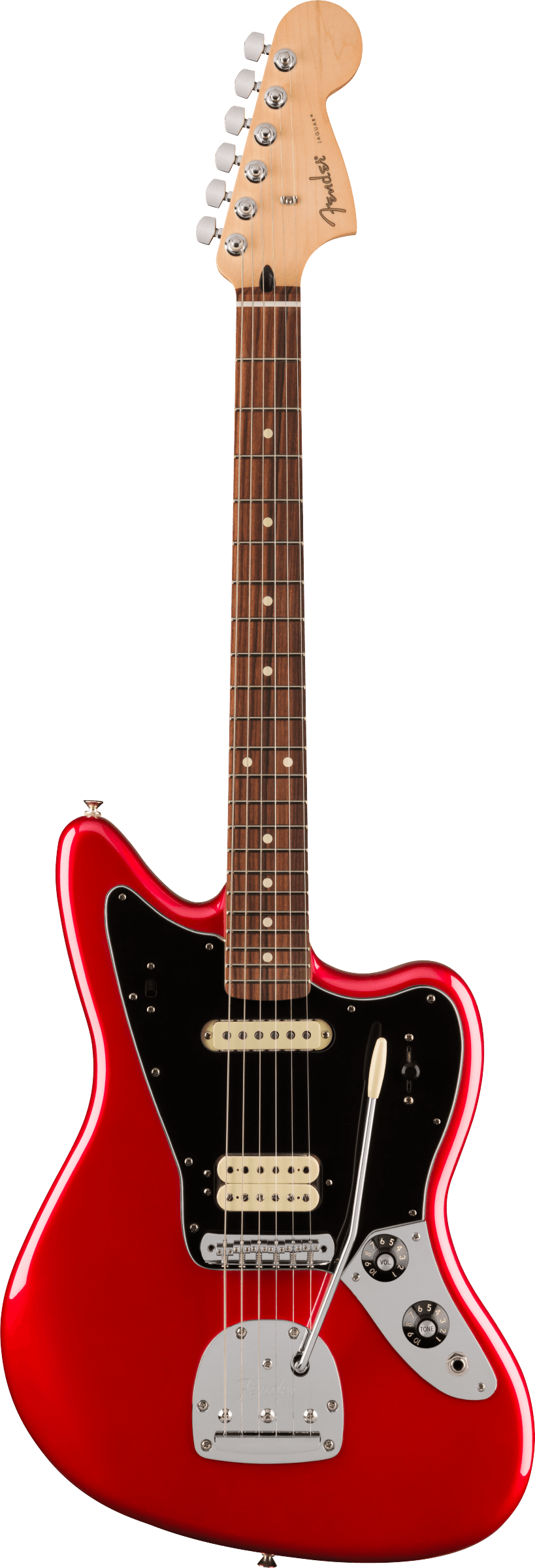 Full frontal of Fender Player Jaguar Pau Ferro Fingerboard Candy Apple Red.