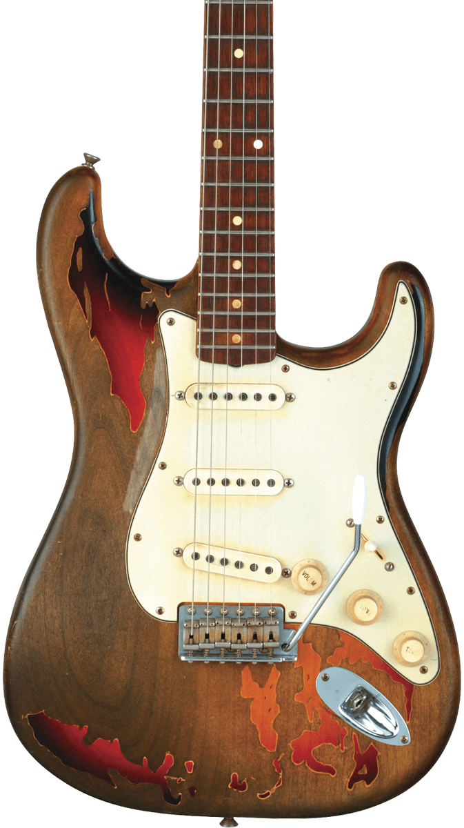 Front of Fender Rory Gallagher Signature Stratocaster Relic Rosewood Fingerboard 3-Color Sunburst.