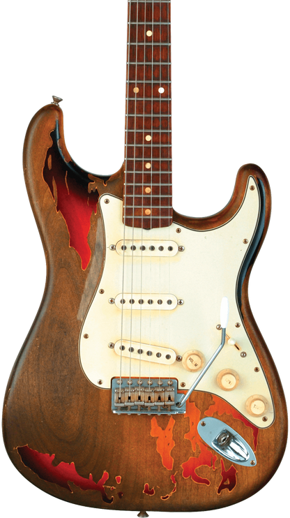Front of Fender Rory Gallagher Signature Stratocaster Relic Rosewood Fingerboard 3-Color Sunburst.