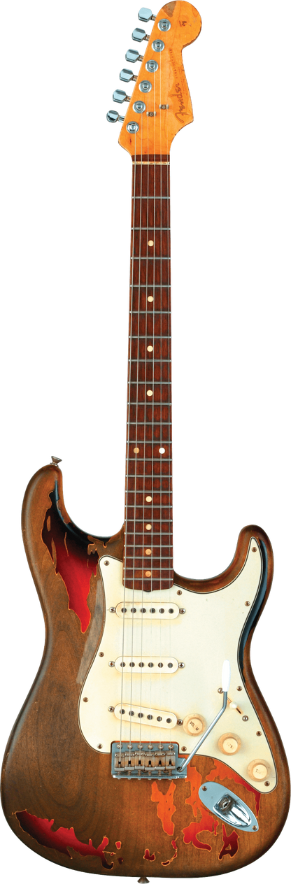 Full frontal of Fender Rory Gallagher Signature Stratocaster Relic Rosewood Fingerboard 3-Color Sunburst.