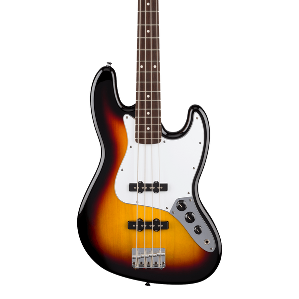 Front of Fender Standard Jazz Bass Laurel White Pickguard 3-Color Sunburst.