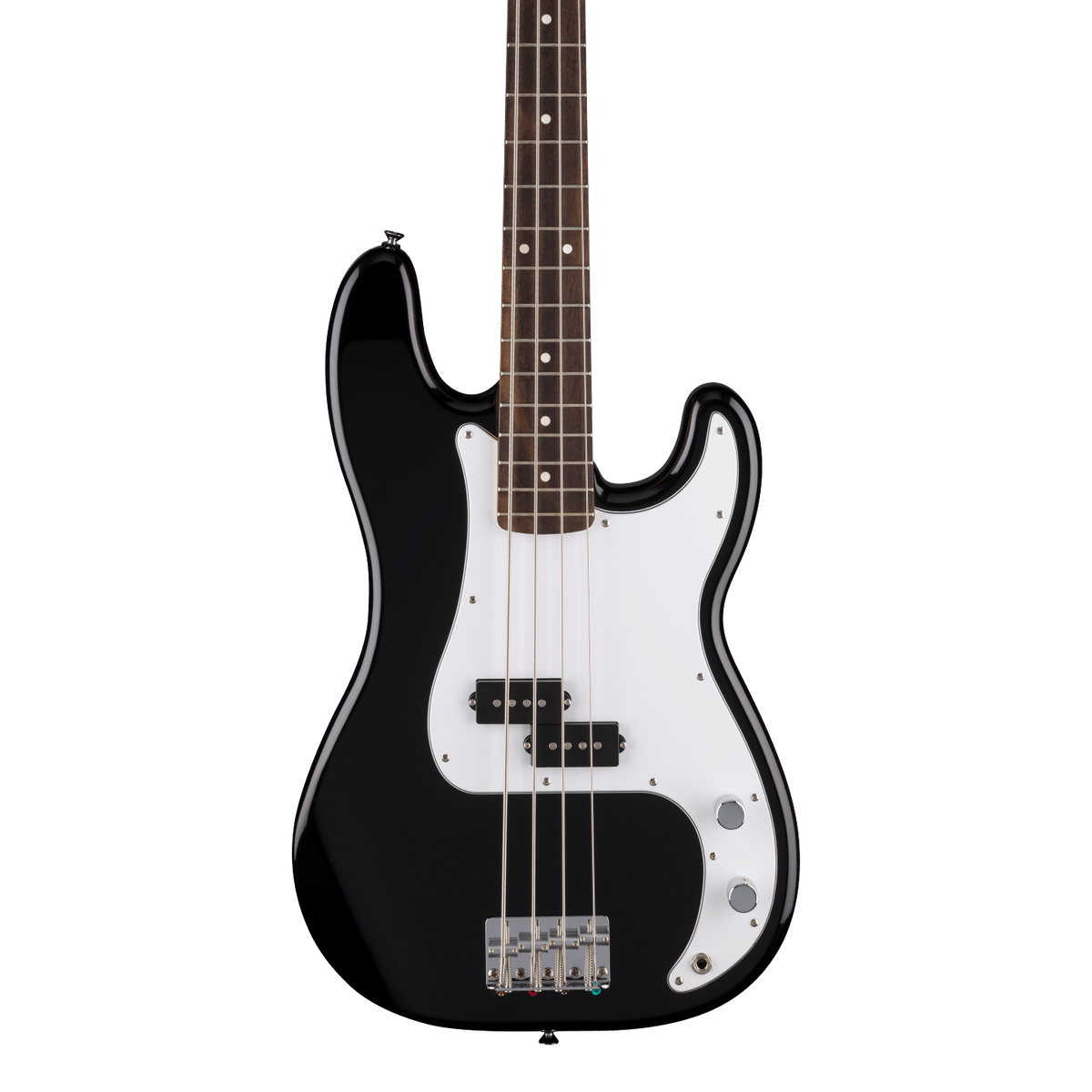 Front of Fender Standard Precision Bass Laurel White Pickguard Black.