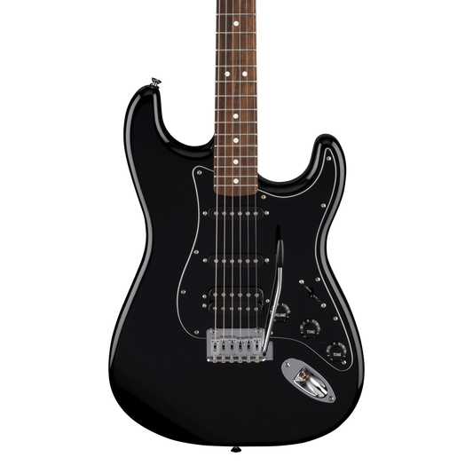 Front of Fender Standard Stratocaster HSS Laurel Black Pickguard Black.