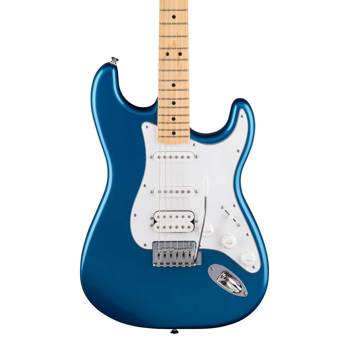 Front of Fender Standard Stratocaster HSS MP White Pickguard Aqua Marine Metallic.