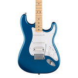 Front of Fender Standard Stratocaster HSS MP White Pickguard Aqua Marine Metallic.