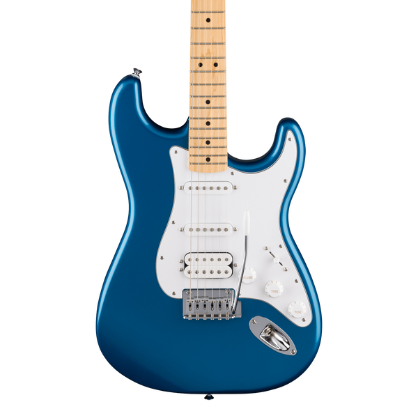 Front of Fender Standard Stratocaster HSS MP White Pickguard Aqua Marine Metallic.