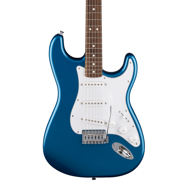 Front of Fender Standard Stratocaster Laurel White Pickguard Aqua Marine Metallic.