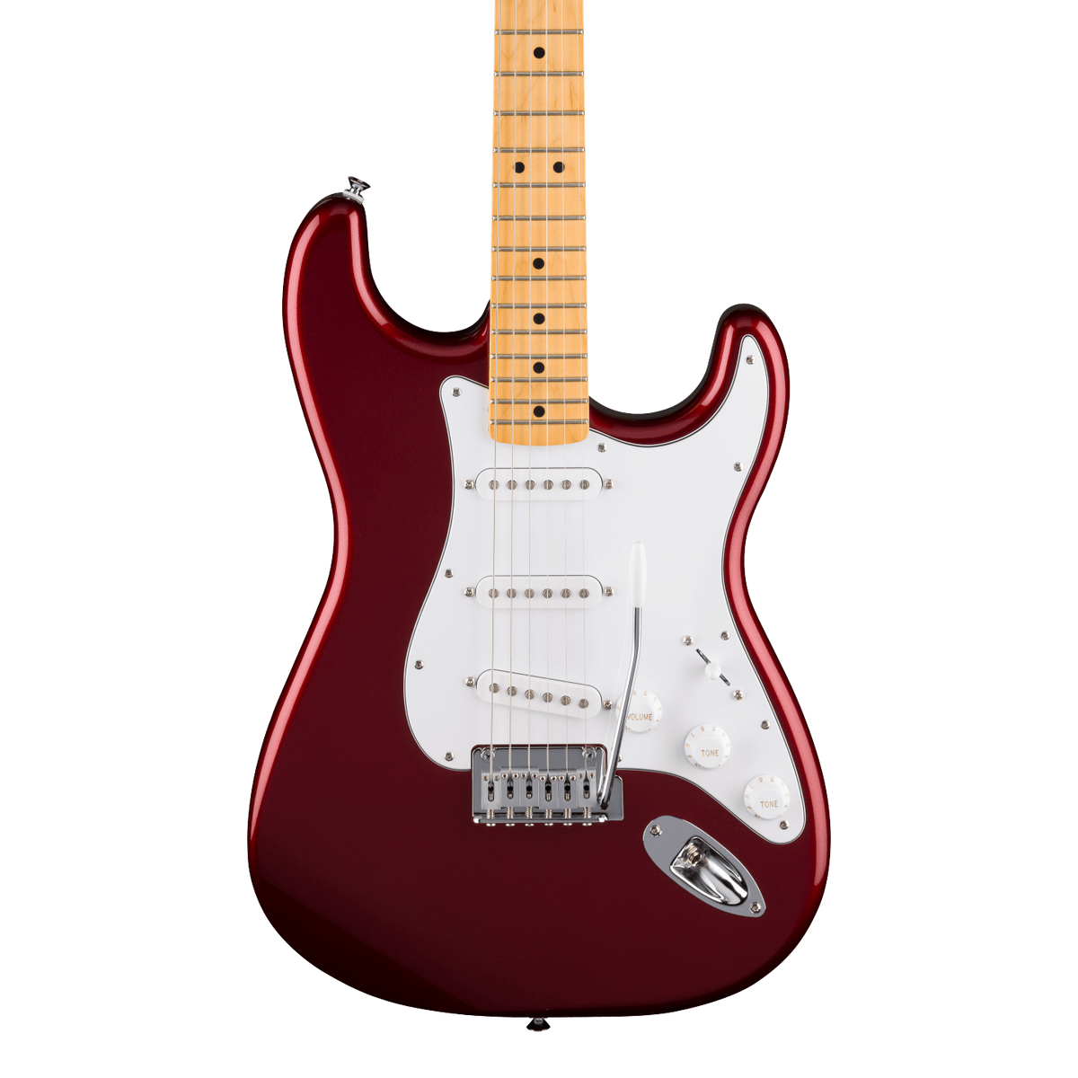 Front of Fender Standard Stratocaster MP White Pickguard Candy Cola.