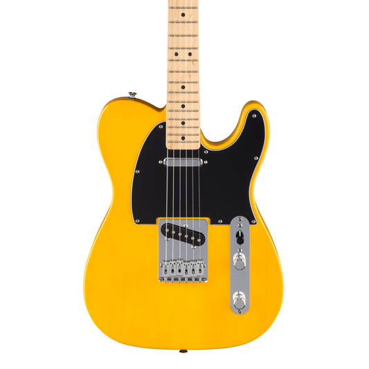 Front of Fender Standard Telecaster MP Black Pickguard Butterscotch Blonde.