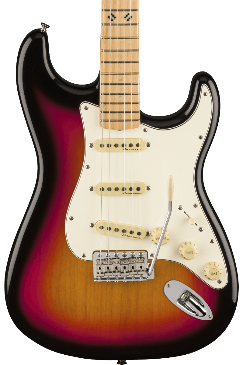 Front of Fender Steve Lacy People Pleaser Stratocaster MP Chaos Burst.