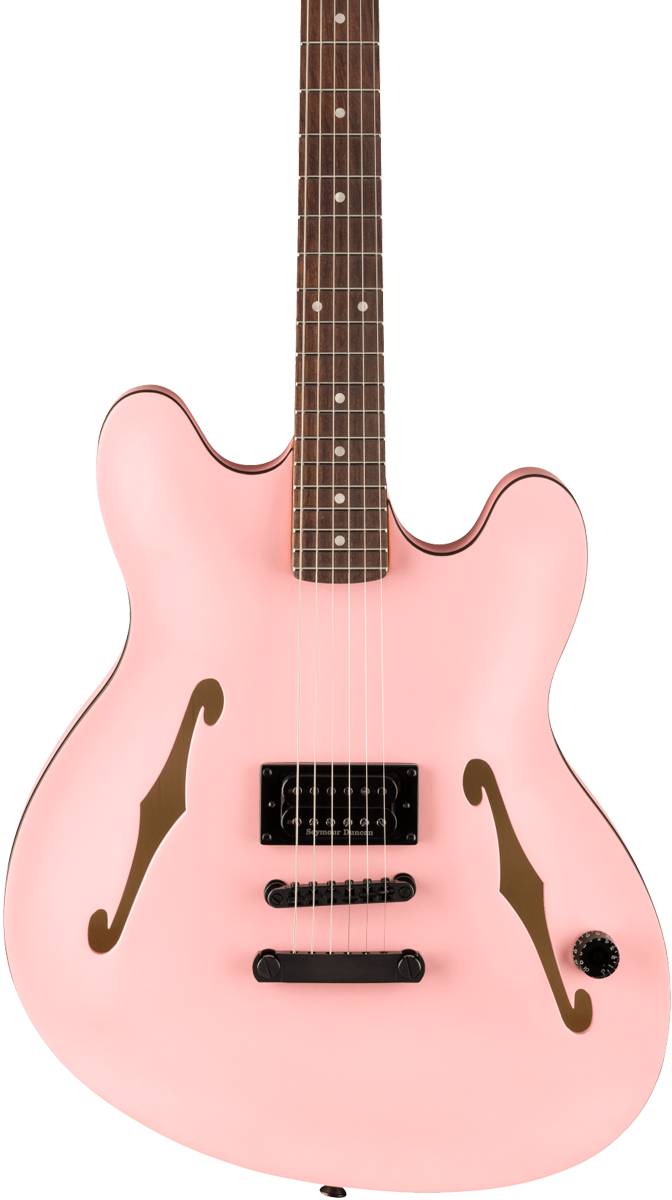 Front of Fender Tom DeLonge Starcaster Rosewood Fingerboard Black Hardware Satin Shell Pink.
