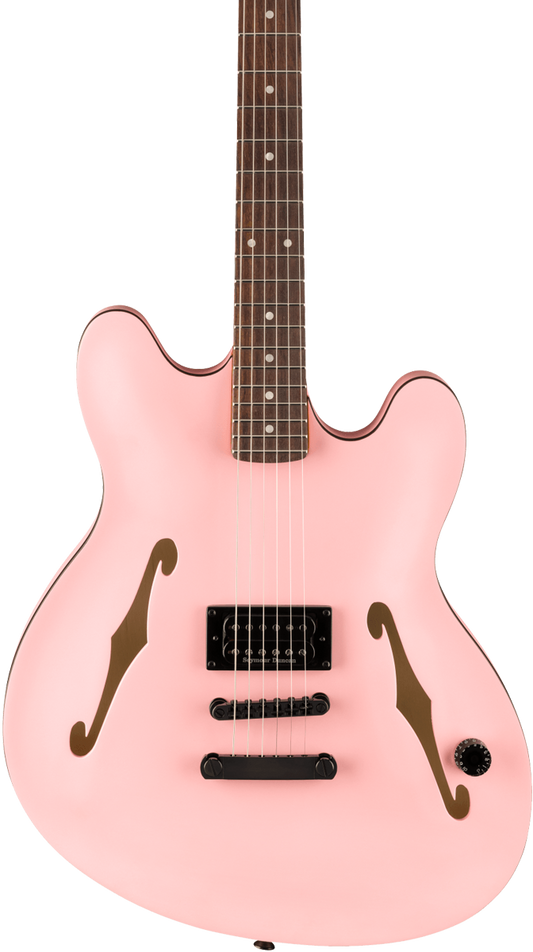 Front of Fender Tom DeLonge Starcaster Rosewood Fingerboard Black Hardware Satin Shell Pink.