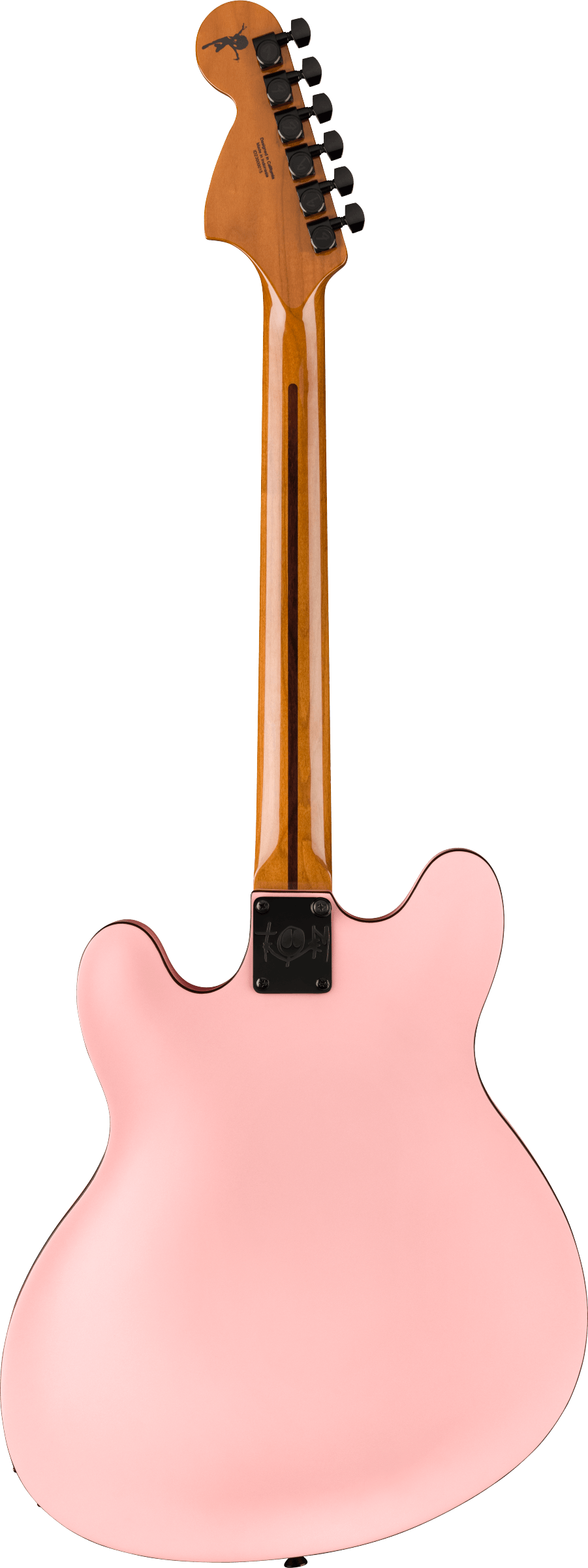 Back of Fender Tom DeLonge Starcaster Rosewood Fingerboard Black Hardware Satin Shell Pink.