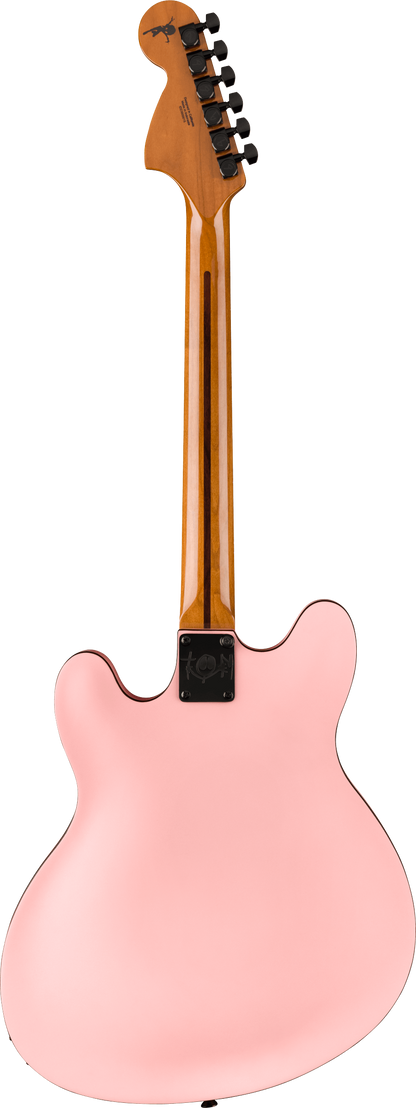 Back of Fender Tom DeLonge Starcaster Rosewood Fingerboard Black Hardware Satin Shell Pink.