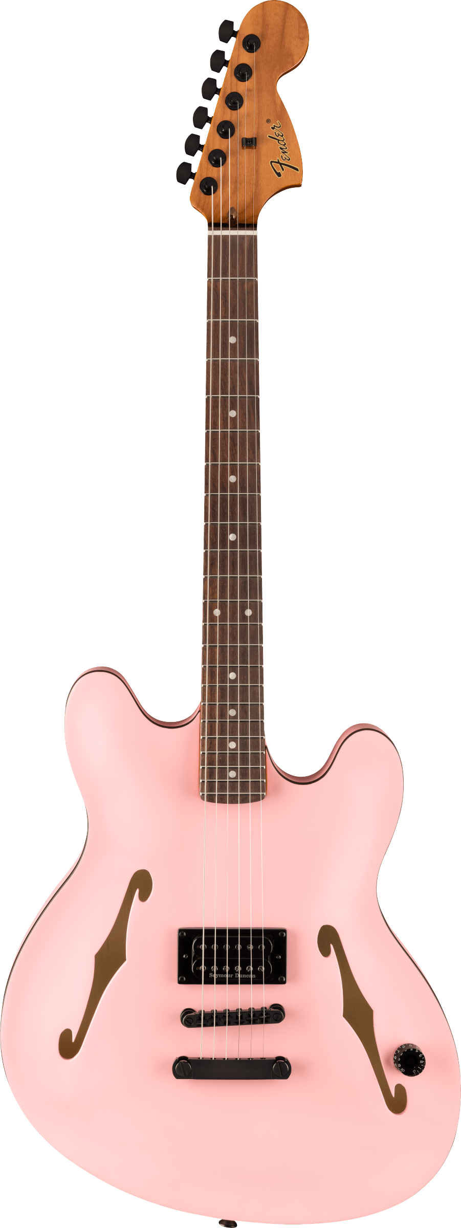 Full frontal of Fender Tom DeLonge Starcaster Rosewood Fingerboard Black Hardware Satin Shell Pink.
