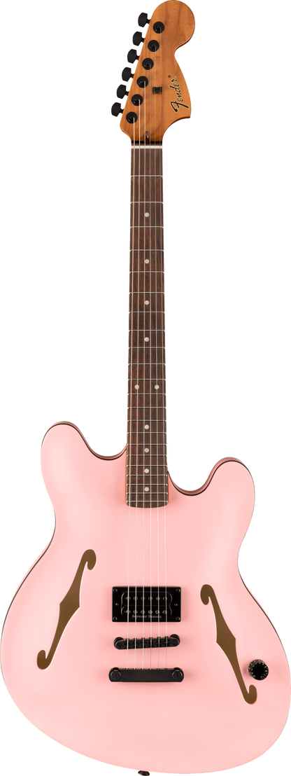 Full frontal of Fender Tom DeLonge Starcaster Rosewood Fingerboard Black Hardware Satin Shell Pink.