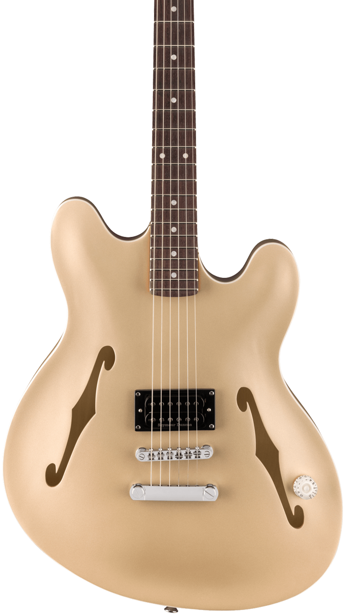 Front of Fender Tom DeLonge Starcaster Rosewood Fingerboard Chrome Hardware Satin Shoreline Gold.