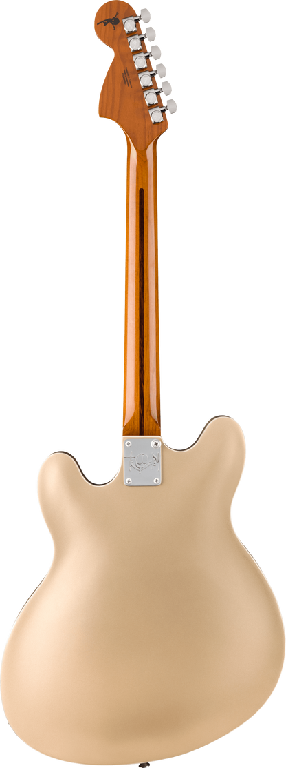 Back of Fender Tom DeLonge Starcaster Rosewood Fingerboard Chrome Hardware Satin Shoreline Gold.