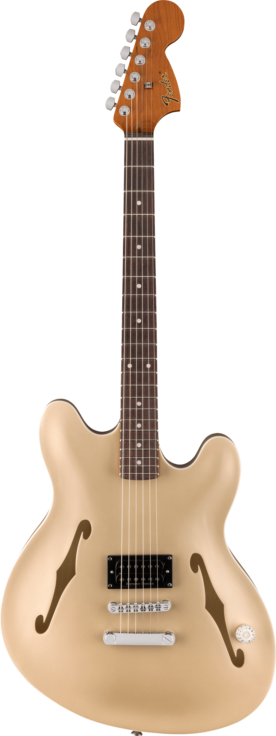 Full frontal of Fender Tom DeLonge Starcaster Rosewood Fingerboard Chrome Hardware Satin Shoreline Gold.