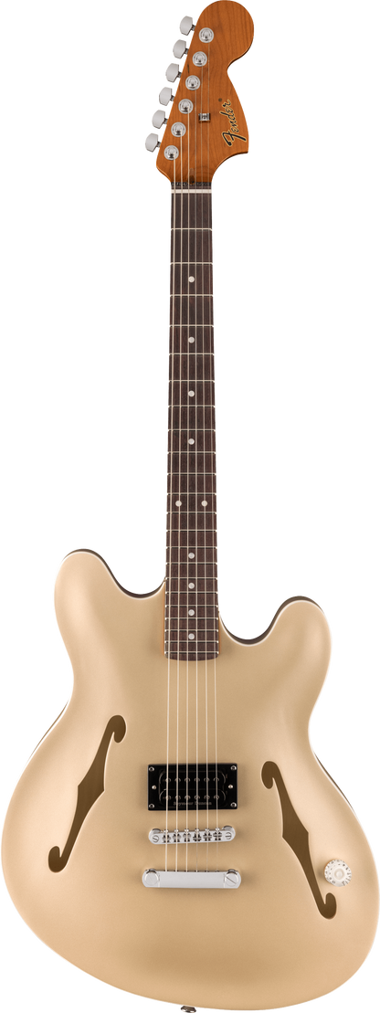 Full frontal of Fender Tom DeLonge Starcaster Rosewood Fingerboard Chrome Hardware Satin Shoreline Gold.