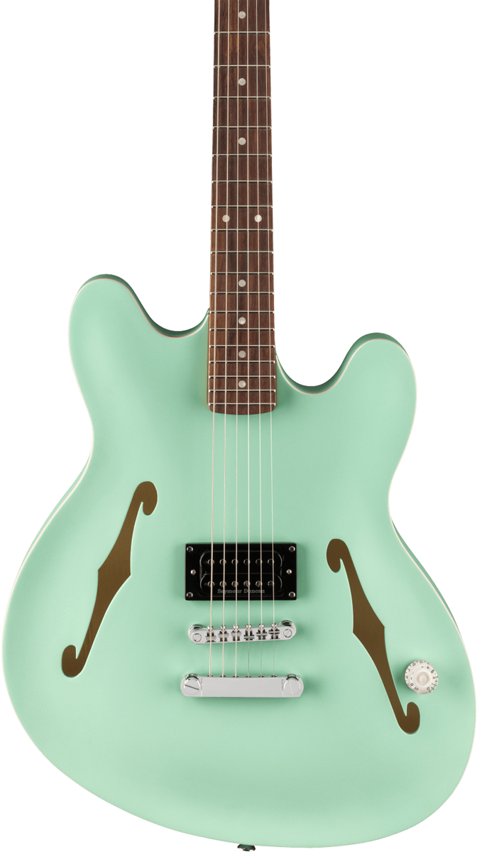 Front of Fender Tom DeLonge Starcaster Rosewood Fingerboard Chrome Hardware Satin Surf Green.