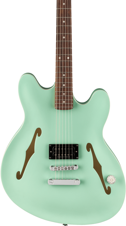 Front of Fender Tom DeLonge Starcaster Rosewood Fingerboard Chrome Hardware Satin Surf Green.