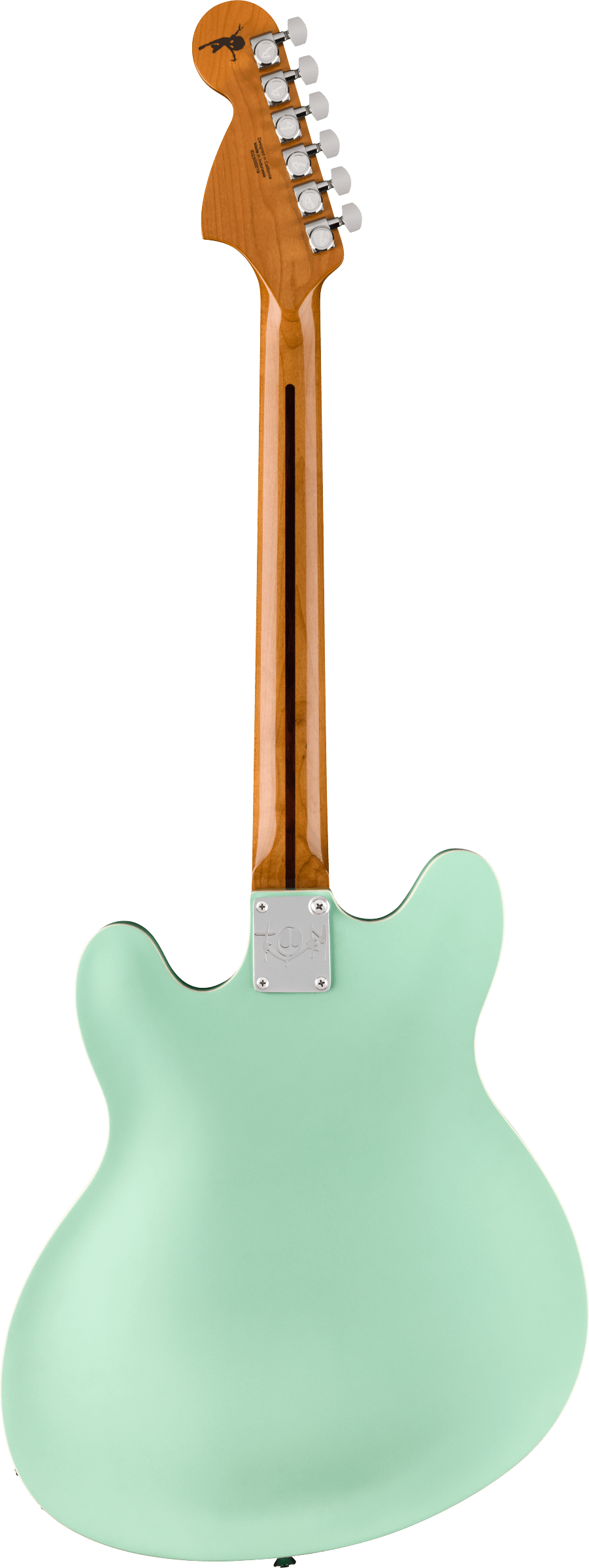 Back of Fender Tom DeLonge Starcaster Rosewood Fingerboard Chrome Hardware Satin Surf Green.