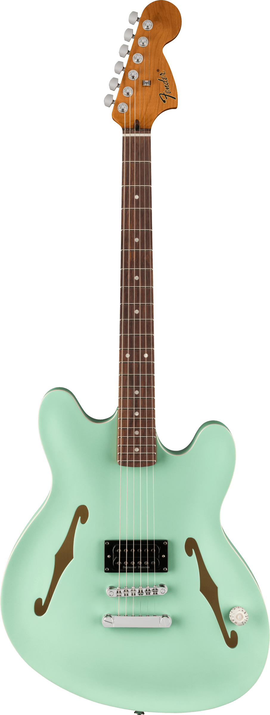 Full frontal of Fender Tom DeLonge Starcaster Rosewood Fingerboard Chrome Hardware Satin Surf Green.