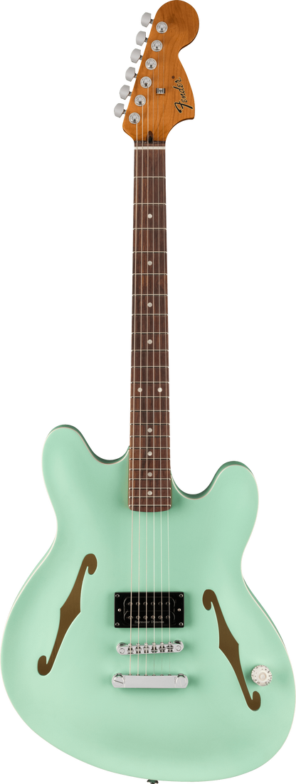 Full frontal of Fender Tom DeLonge Starcaster Rosewood Fingerboard Chrome Hardware Satin Surf Green.